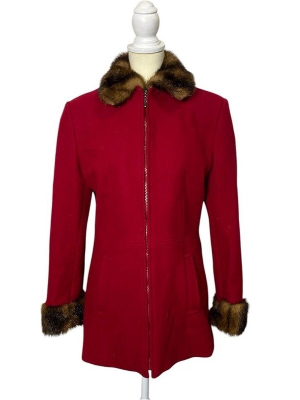 Vintage Mario De Pinto MDP Red Wool Coat Faux Fur Collar Cuffs Zip Front